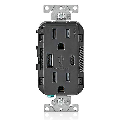 Leviton T5633-E 15-Amp Type A & Type-C USB Charger/Tamper Resistant Outlet, Compatible with Apple Devices, Samsung Devices, Google Devices and More â€“ Not for Laptops, Black