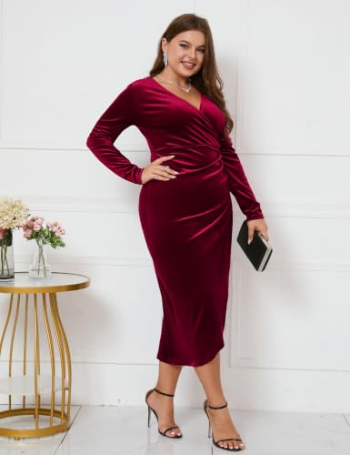 Image of ZOMVA Plus Size Velvet Wrap Dress Ruched Bodycon Dress Long Sleeves Ruffle Long Elegant Party Wedding Guest Cocktail Holiday