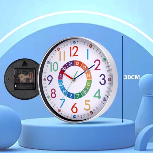 JIZZU Kinder Wanduhr Ohne Tickgeräusche, 30cm Bunt Zahlen Wanduhr, Lernende Wanduhr Quartz Lautlos, Kinderwanduhr für Kinderzimmer, Bunt Ziffern Kreativ Einfach zu Lesen, Geschenk zum Kindertag