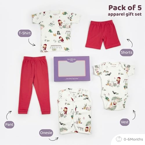 Image of Haus And Kinder Baby Clothes Set For 0-6 Months - Pack Of 5 | 5-piece Newborn Outfit With Onesie, T-shirt, Pants, Shorts, Vest ? Soft Jersey Cotton Infant Apparel | Scarlet Print For Boys & Girls