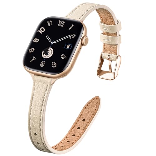 Image of STIROLL Slim Leather Bands Compatible with Apple Watch Band 38mm 40mm 41mm 42mm(Series 11 10), Top Grain Leather Watch Thin Wristband for iWatch SE 9 8 7 6 5 4 3 2 1 (Beige Gold)