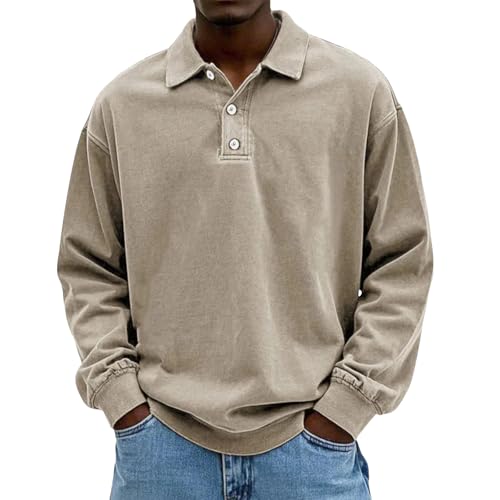 Mens Polo Long Sleeve Shirt Distressed Button Basic Solid Color Polo Shirt Classic Loose Casual Collared Shirts T-Shirt Khaki