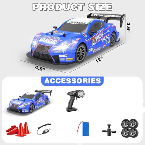 Image of Rc Drift Remote Control Car 1:24 Scale, High-Speed, 4Wd, Led Lights, Rechargeable Racing Car, Drifting Tires, 2.4Ghz, for Kids (RC Drift Car - Blue)