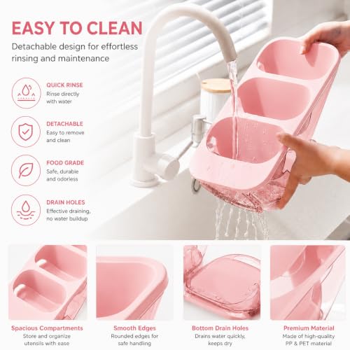 Image of Kitchen Utensil Holder with Drain Tray & Dustproof Cover | 3 Compartment Cutlery Organizer | Self Draining Countertop Storage Rack for Spoons Forks Chopsticks Kitchen Accessories (Pink)