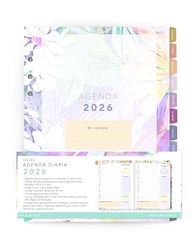 MANOA® Hojas de recambio agenda 2026 - Día Página con horas - 6 agujeros archivador anillas - 16 cm x 21,5 cm - 380 Páginas - Incluye pestañas separadoras mensuales - Para PLANNER y COVER MANOA®