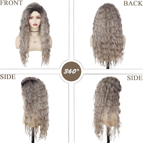 Image of GNIMEGIL 26 Inch Long Wavy Wigs for Women Ombre Grey Wig Synthetic Natural Curly Wig Fluffy Part Hairstyle for Daily Party Halloween Costume Cosplay Wigs with Hairpin