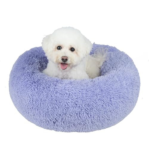 Best Pet Supplies Round Donut Dog Bed with Plush Faux Fur Fabric, Calming, Anti-Anxiety Cushion for Indoor Pets, Slip-Resistant Base, Soft Ergonomic Support - Lavender, 20x20x6''