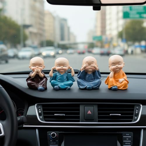Image of Set of 4 Buddha Monks Cute Miniature Statues Figurines Showpiece for Car Dashboard Wall Shelf Table Desktop | Living Room Decoration Home Office Decor (Multicolor)