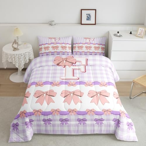 Initial Letter F Kids Bedding Sets Lovely Bow Tie Purple Checkered Reversible Comforter for Boys Pink Bowknot Princess Style Quilt Set Soft Duvet Insert,1 Pillowcase Toddler Size