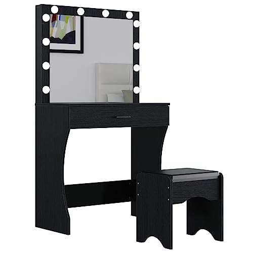 Image of Panana Vanity Desk with Mirror and Lights, Black, Medium Size, Tabletop Mount, Makeup Vanity Table with Stool, Bedroom