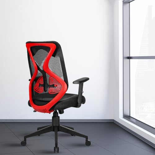 Image of activa Hector Ergonomic Office Chair | Mesh Computer Chair with 2D Armrest | Adjustable Headrest & Lumbar Support | Executive Revolving Desk Chair for Workspace /Computer Desk (Red Black,Mid Back)