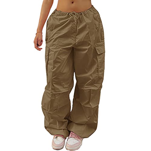 Women's Cargo Pants Low Waist Leisure Jogging Light Hiking Sporty Workout Wide Leg Baggy Trekking Pocket Streetwear(L-Khaki)