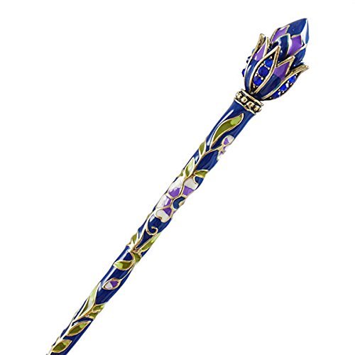 FINGER LOVE Cloisonne Enamel Floral Hair Stick Rhinestones and Tassels (Lotus, Blue)