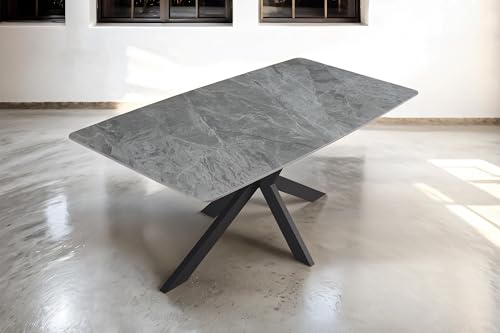 SAM Esstisch 180 x 90 cm Cremona, grau-weiß & glänzende Keramikplatte, Esszimmertisch/Keramiktisch mit runden Ecken, Spider-Gestell aus Metall Schwarz, pflegeleichter Tisch aus Keramik