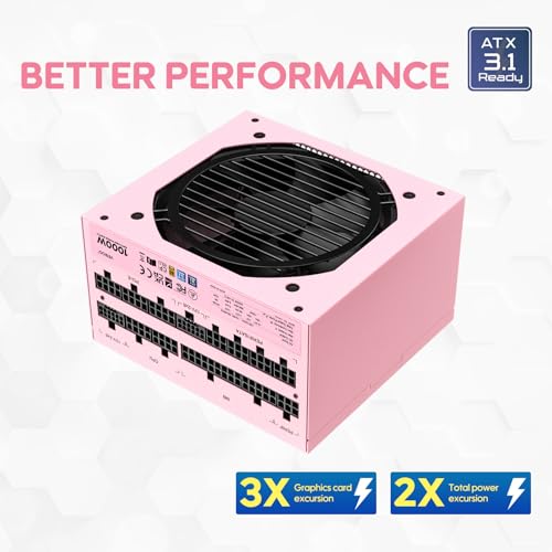 Image of Vetroo 1000W Pink Power Supply ATX 3.1 Ready Dual PCIe 5.1, 80 Plus Gold Full Modular, Eco Mode with 120mm FDB Fan, Compact Size, 10 Year Warranty for Gaming PC