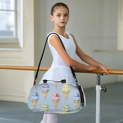 Duffle Bag for Boys or Girls with Shoes Compartment, Blue Background Multi Flavor Ice Cream Pattern Sports Travel Bag Overnight3