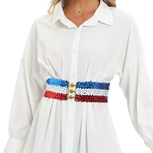 Women's Shiny Sequin Elastic Belt Wide Decorative Dress Belt Cute Belt For Girls With Metal Interlocking Buckle2