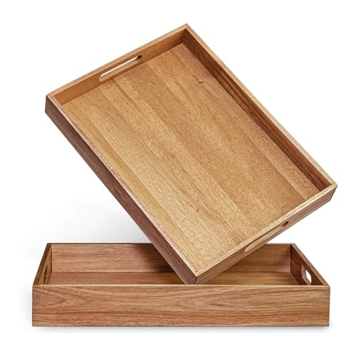 Acacia Wood Serving Tray Set of 2 with Handles