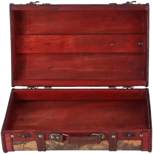 BEIJIALY Vintage Suitcase Portable Composite Wood Map Pattern Design Vintage Storage Chest, Decorative Storage Boxes, Old World Map Suitcase, Wood Suitcase Trunk for Home Decor
