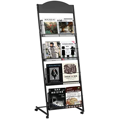 XIDIHF 18.9W Floor-Standing Magazine Display Rack Rolling Journals Brochure & Newspaper Stand Literature Holder for Trade Shows Exhibitions & Offices Black