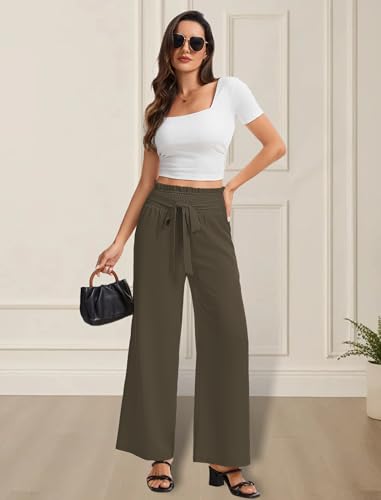 Stylish Wide Leg Trousers for Women with Bow Detail and Side Pockets Comfortable Elastic Waist Dressy Pants for Business Casual Office Wrinkle Resistant Slacks Dark Coffee M — view 6