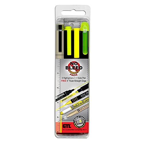 G.T. Luscombe Company, Inc. No Bleed Variety Pack | No Smearing or Fading Pigmented Ink | Yellow Accu-Gel, Bible Dry & Zebrite Double-Ended Highlighter | 01 Black Pigma Micron, Ruler/Bookmark Set of 5