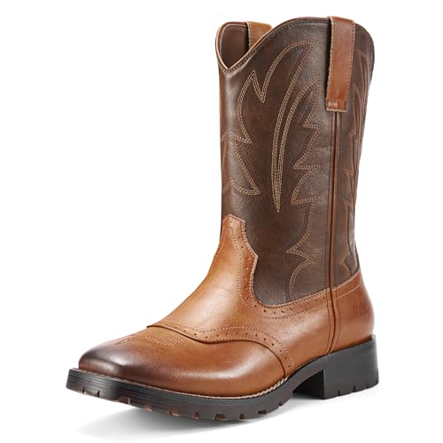 Image of Rollda Cowboy Boots for Men Western Boots Men's Square Toe Chunky Heel Mid-Calf Boots Classic Embroidered Pull On Boots
