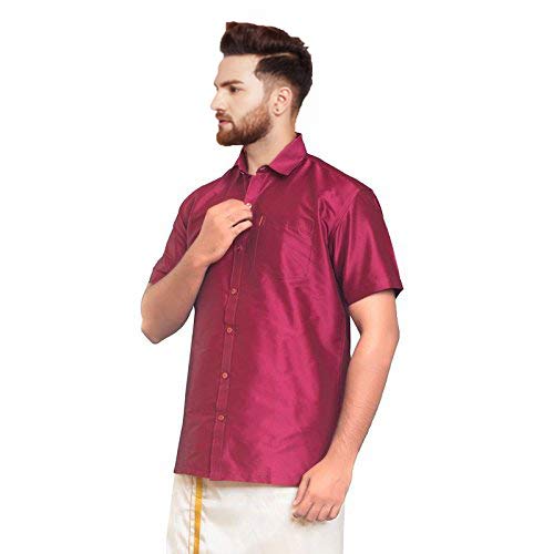 Image of SJS-Men's Half Sleeve Solid Art Silk Shirt