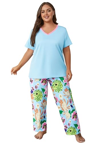 Image of Vozanet Women's Pajama Sets Short Sleeve with Long Pant Soft Sleepwear Printed pj Loungewear With TWO Pockets Size 1X to 5X