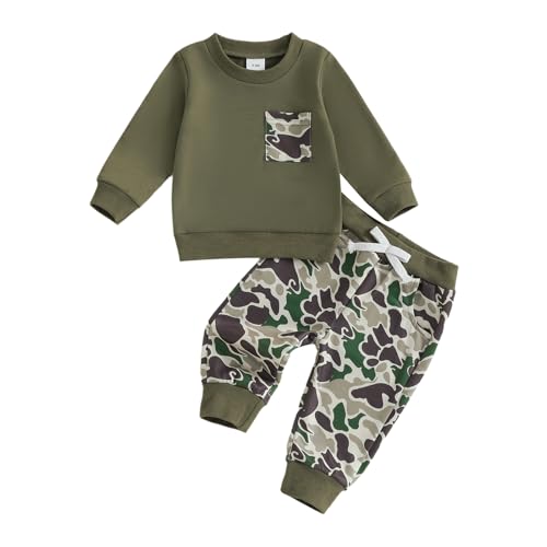 Image of PUHHAPIEY Toddler Boy Fall Winter Clothes Baby Camo Hunting Outfits Retro Pullover Sweatshirts + Camouflage Pants Set