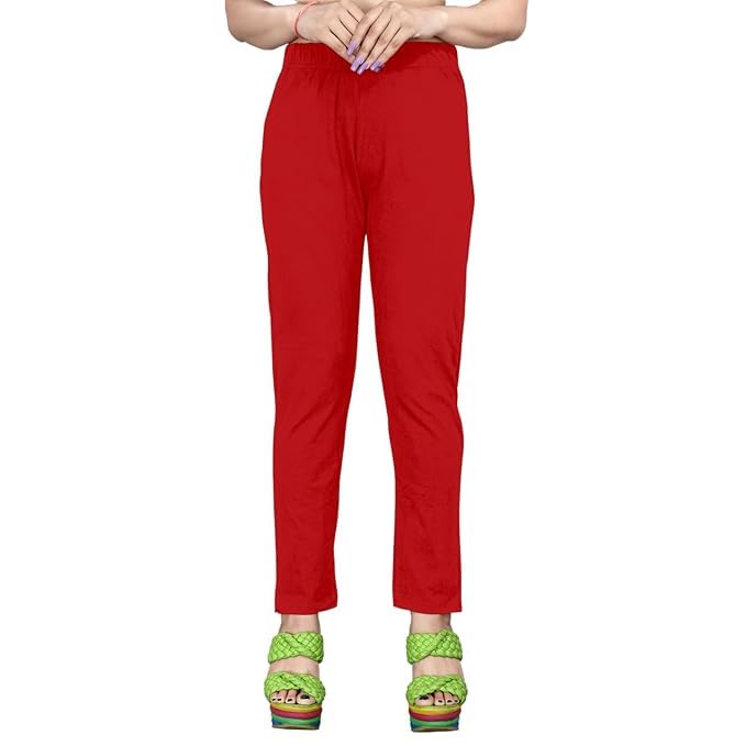 Image of Women's Solid Cotton Lycra Pants-High Waist Slim Fit Stretchable Leggings - Comfortable Long Trousers for Casual, Office & Everyday Wear