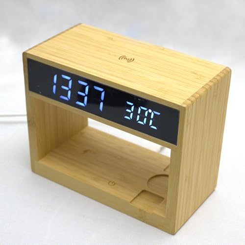 Image of Wangari Cypress 6-in-1 Bamboo Wireless Charging Station | Qi-Certified Fast Charger for Smartphone, Earbuds, Smartwatch | Digital Clock, Lamp & Temperature Indicator