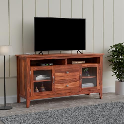 Image of Sheesham Wood TV Stand with 2 Door and 2 Drower and Shelf Storage Entertainment Unit Tv Cabinet for Living Room Home (Natural Finish)