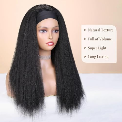 WIGNEE Kinky Straight peruka z opaską na głowę dla kobiet, 55 cm, gładka peruka Yaki z czarną opaską, perwersyjna peruka dla czarnych kobiet.