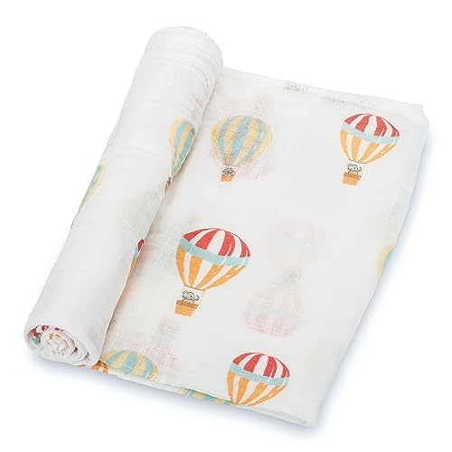 Image of LollyBanks Baby Swaddle Blanket, 100% Cotton Muslin Blankets for Boys and Girls, 47 x 47 Inches Soft and Breathable Newborn Swaddle, Gentle Baby Wrap Swaddle, Registry (Hot Air Balloons Print)