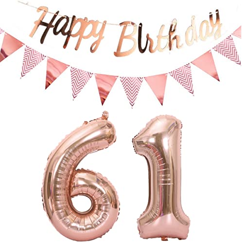 Globos 61 cumpleaños decoración mujer oro rosa+guirnalda feliz cumpleaños + banderín 40 pulgadas globo 61 globos 61 años decoración cumpleaños mujer