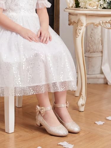 Image of Coutgo Girls Dress Shoes Flower Girl Bow Chunky Heels Closed Toe Ankle Strap Pumps Wedding Party Princess Shoes