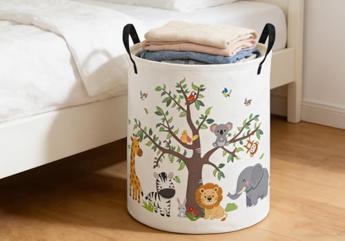 Image of ESSME Kids Laundry Basket,Animal Hamper Collapsible Canvas Waterproof Storage Bin foBoys, Cute Hamper,Gift Baskets(Tree animal)