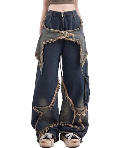 xxxiticat Women's Denim Jeans High Waisted Casual Zipper Closure Five Pointed Star Embroidery Wide Leg Baggy Trouser Pants