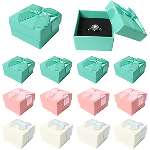 12 Pack Jewellery Gift Boxes for Rings, 5× 5cm Small Gift Boxes for Jewellery Rings Earrings, Ring Gift Boxes with Ribbon Bow Knot(Pink, White, Green) Cover