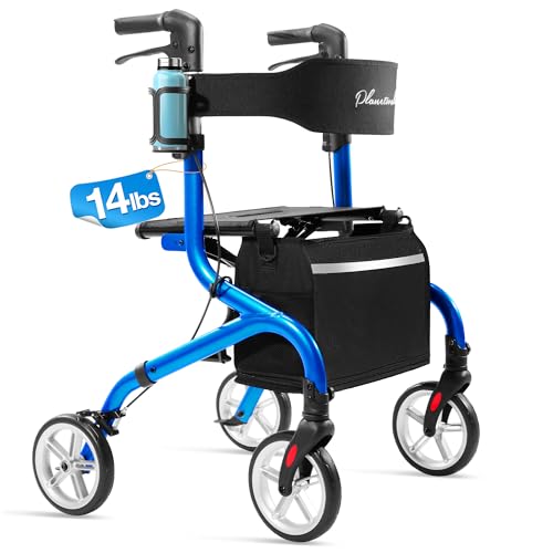 Image of PLANET WALK Super Lightweight Rollator Walker for Seniors, Foldable Rolling Walker with Seat and 8 inch Rubber Wheels for All Terrain, Upgraded Height Adjustment Button with Cup Holder, Blue