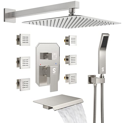 Image of Waist Massage Spray Shower System with 6 Body Jets and Tub Spout, 12'' Rainfall Bathtub Shower System with Shower Jet, Wall Mounted Rain Shower and Handheld Shower Faucet Sets Complete, Brushed Nickel