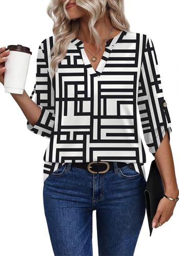 Image of XIEERDUO 3 /4 Length Sleeve Womens Tops V Neck T Shirts Both Side Buttons Blouses Business Casual Outfits Loose Fit