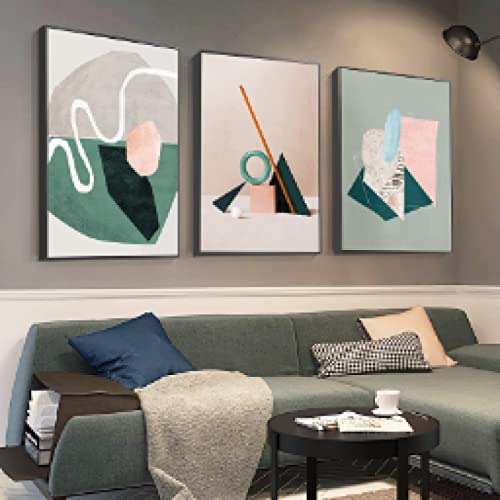 Toile abstraite verte pour salon chic : trio de cadres géométriques minimalistes 60x80cm