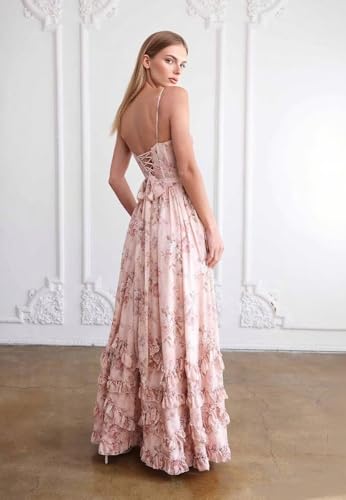 SNOWROSE Chiffon Ruffle Bridesmaid Dresses for Women V Neck Corset Spaghetti Straps Ruched Long Formal Dress with Slit3