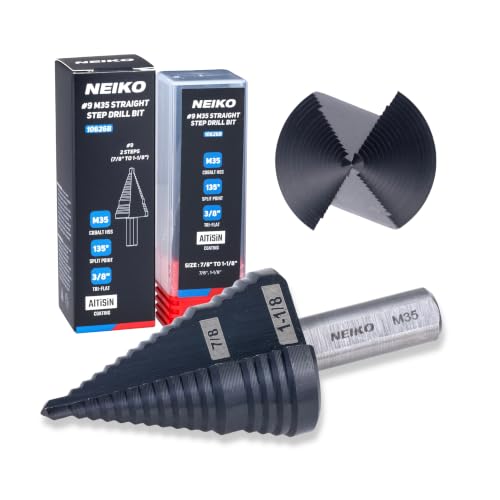 Image of NEIKO 10626B Step Drill Bit, 2 Steps 7 /8 inch to 1-1 /8 inch Straight M35 Cobalt, AlTiSiN Coated, 3 /8 inch Tri-Flat Step Bits for Steel, Metal, Wood, Plastic, Unibit Cone Drill Bits, Two Flute
