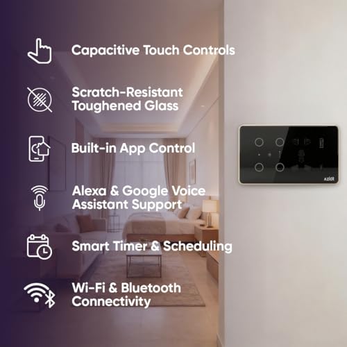 Image of AZIOT Smart Premium Toughened Glass Touch Switch Panel | Elevate 4 Module (2 Switch + Fan + Socket) | WiFi + BLE | No Hub Required | Compatible with Alexa, Google Assistant & Siri | Black