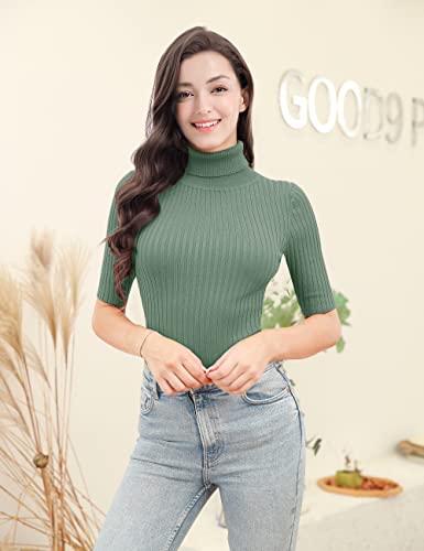Image of v28 Women Turtleneck 1 /2 Half Sleeve Highly Stretchy Ribbed Knit Fitted Sweater