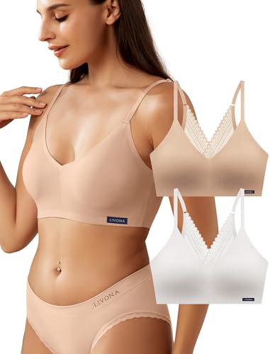 Image of Livona Lace Bralette for Women - Comfort Sports Bra Wireless Padded Bralette with Support Workout Tops Cami Crop S-XXL