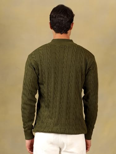 Image of Kvetoo Men's Wool High Neck Zipper Sweater, Full Sleeve Cable Knit Quarter Zip Winter Pullover Olive Size 2XL